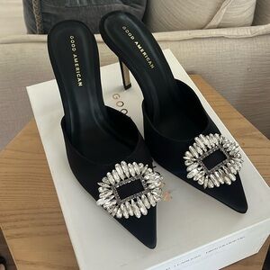 NIB GOOD AMERICAN cinder-f*cking-rella black satin mules